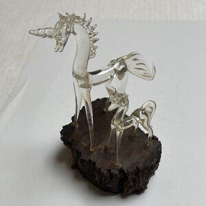 Vintage Hand Blown Glass Unicorn Figurine Rearing Resin Wooden Look Base Decor